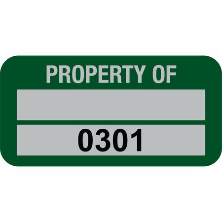 LUSTRE-CAL Property ID Label PROPERTY OF 5 Alum Green 1.50in x 0.75in 1 Blank Pad&Serialized 0301-0400,100PK 253769Ma2G0301
